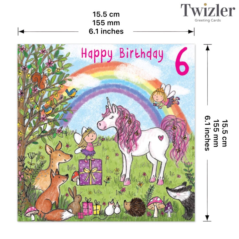 TWIZLER 6th Birthday Card Girl with Unicorn, Multicolor, 6.1 x 6.1 in - Image 3